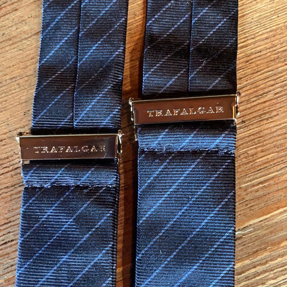 Navy Pinstripe Trafalgar suspenders with brown trim.